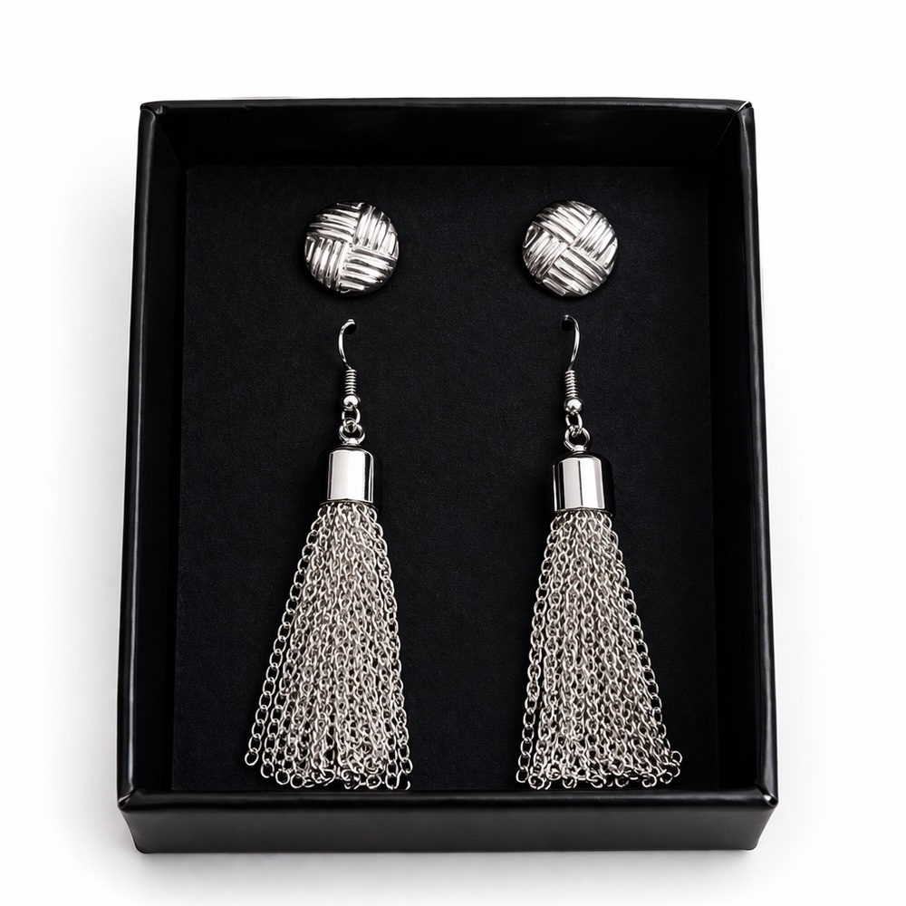 Silver Chain Tassel Drop Earrings | Textured Stud | Statement Dangle